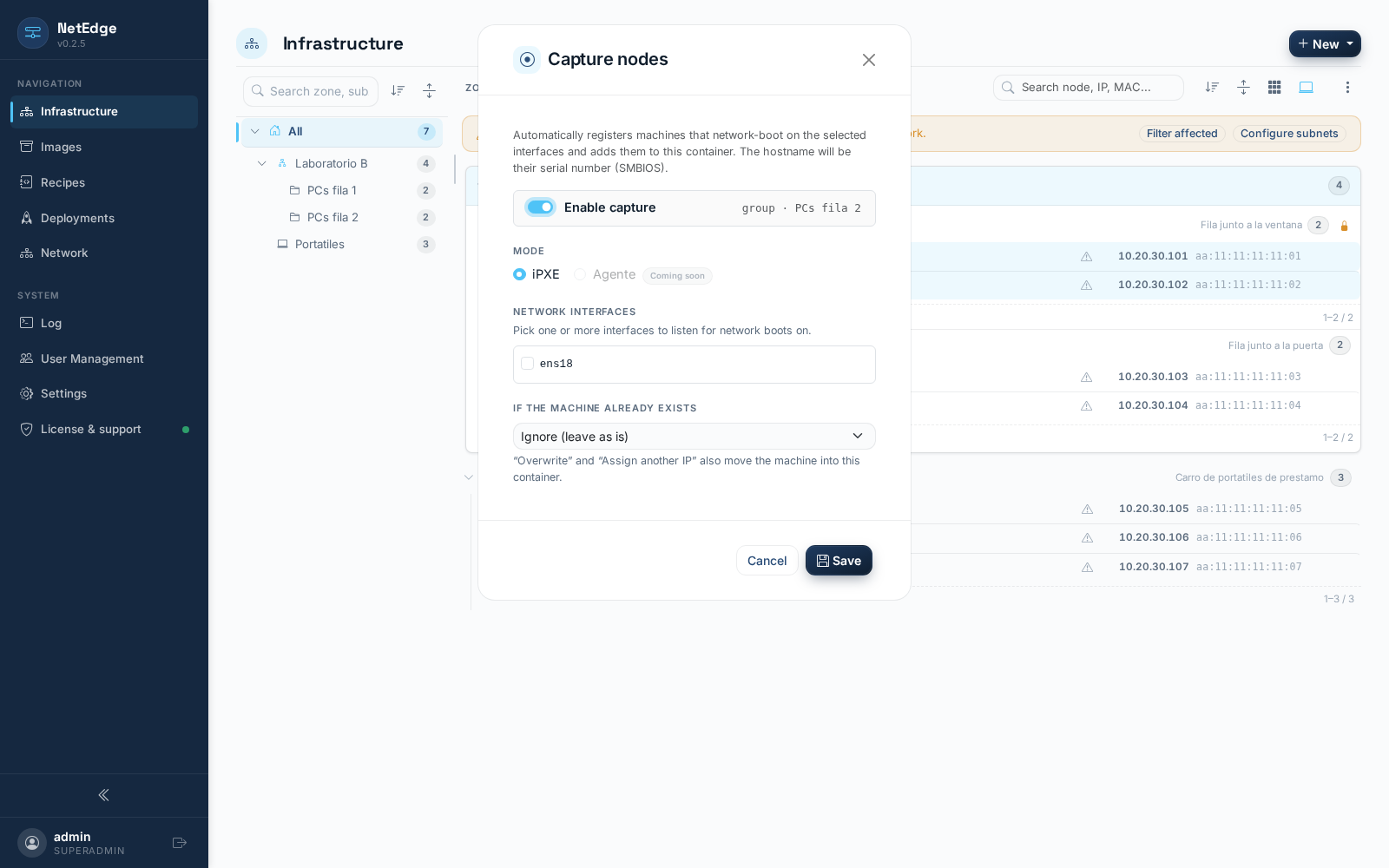 Configuración de captura de nodos