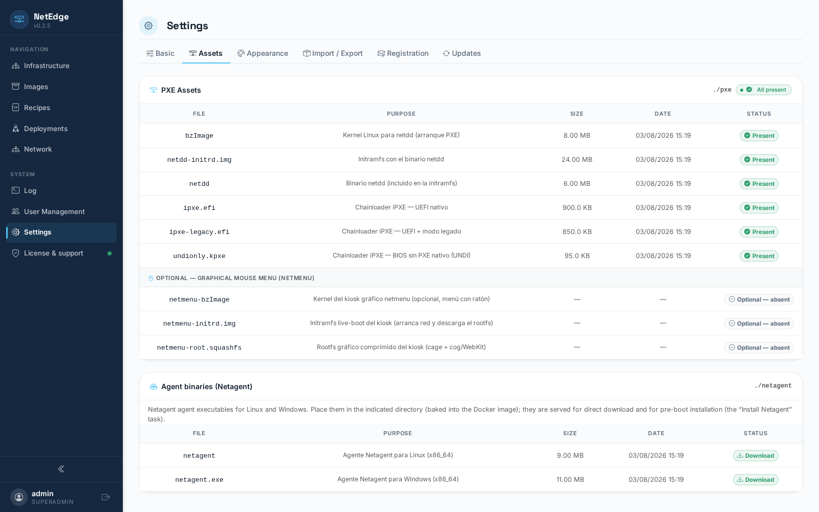 Configuración — pestaña Activos