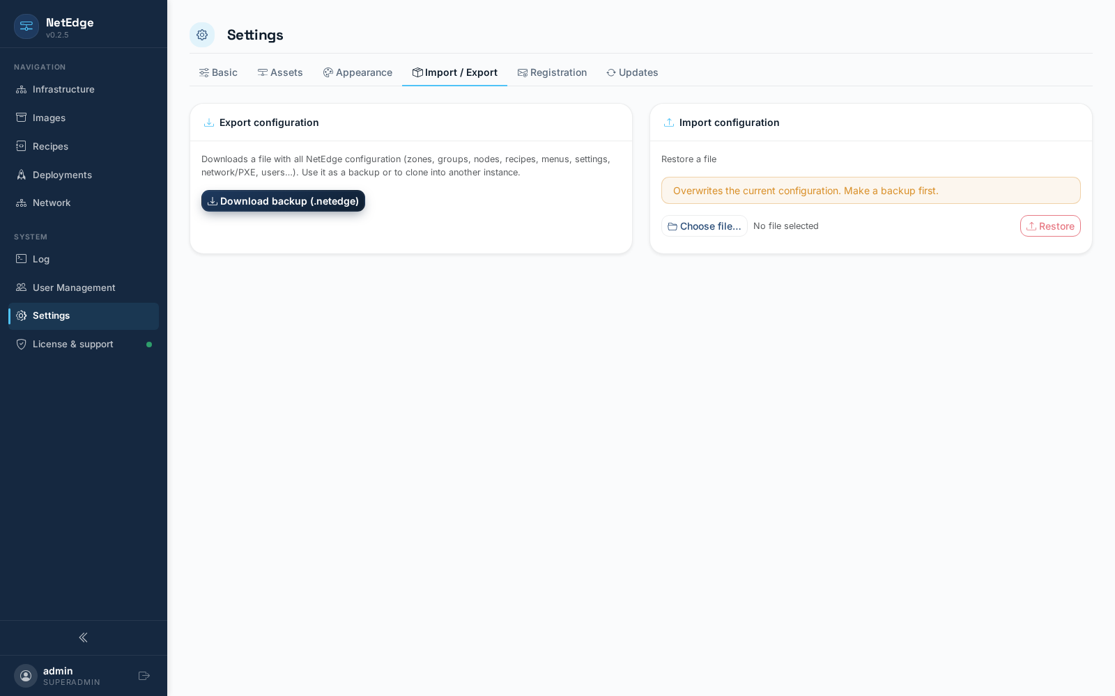 Configuración — pestaña Importar/Exportar