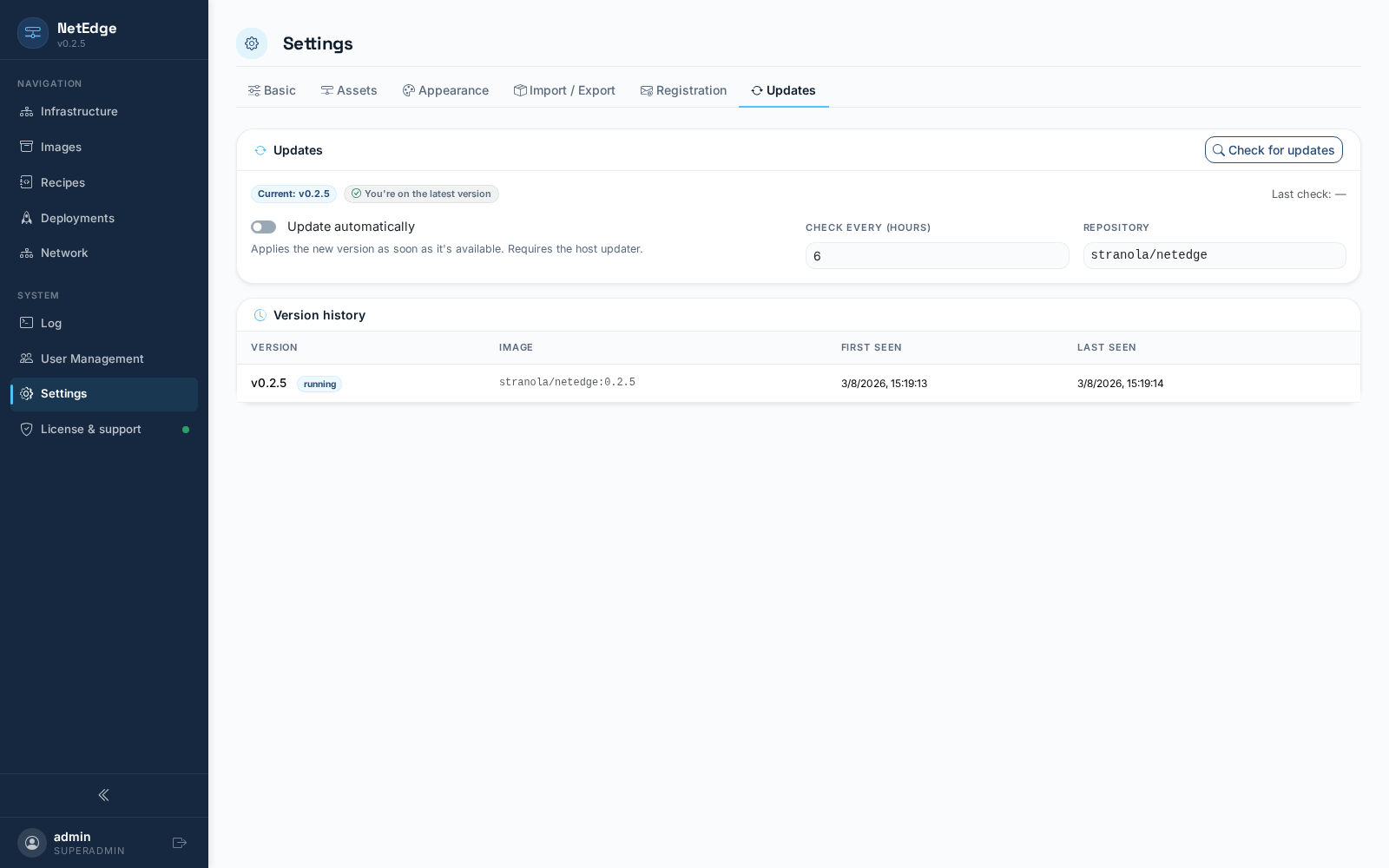 Configuración — pestaña Actualizaciones