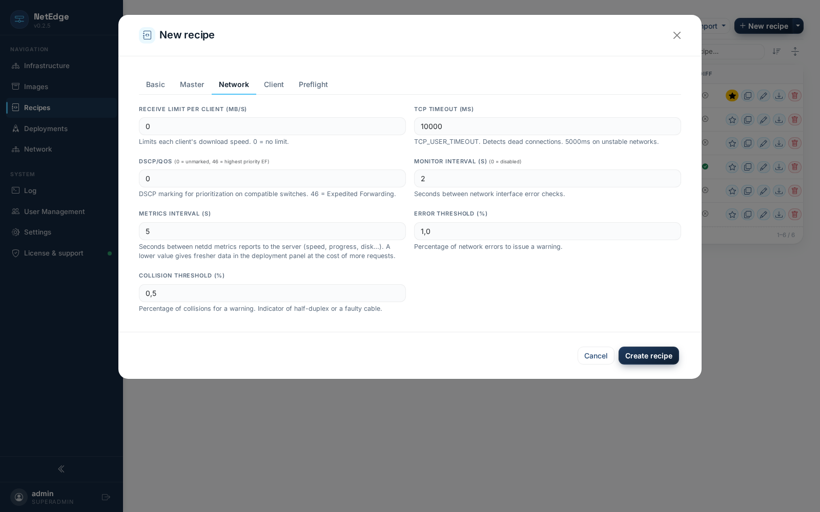 Recipe Editor — Network tab