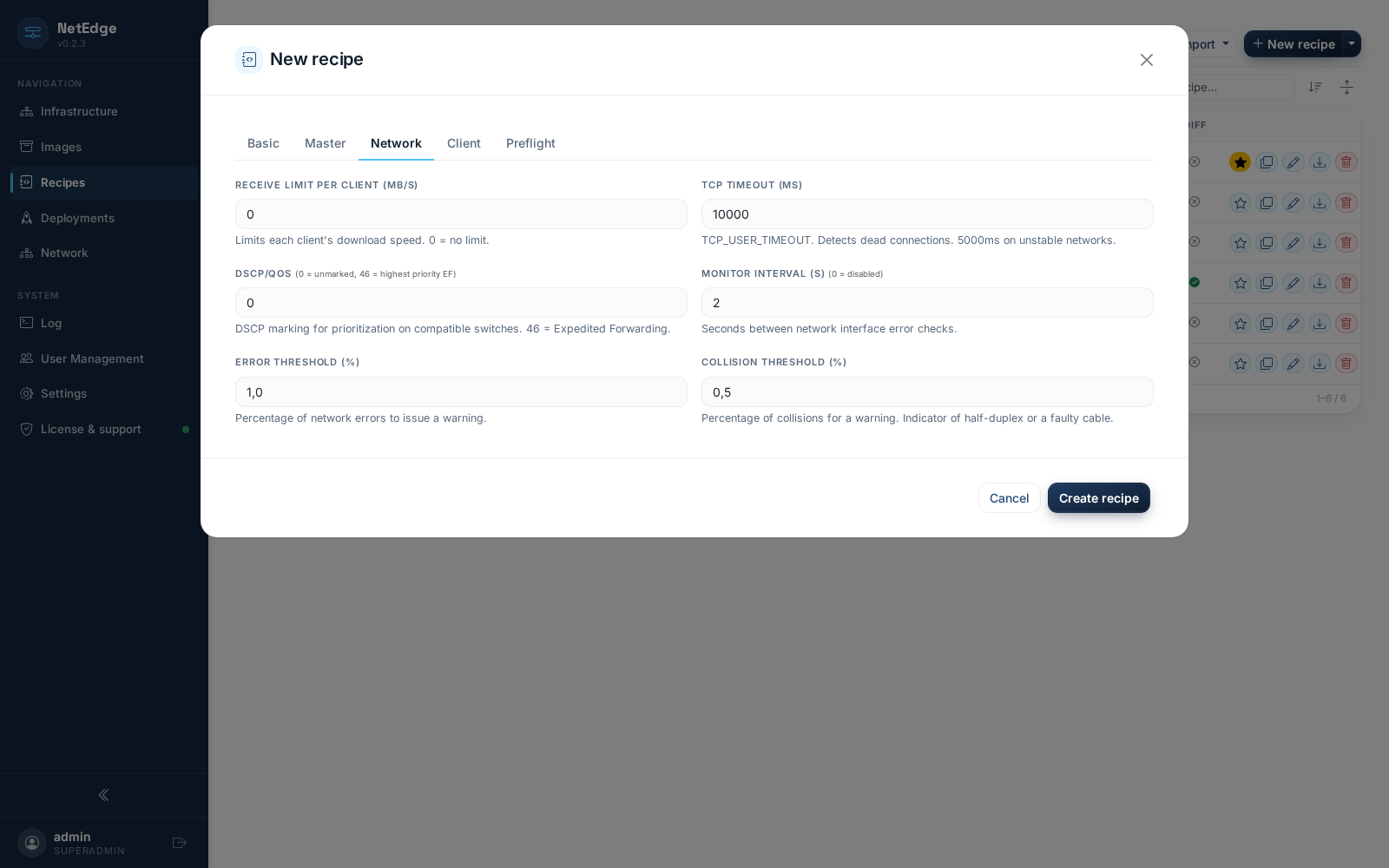 Recipe Editor — Network tab