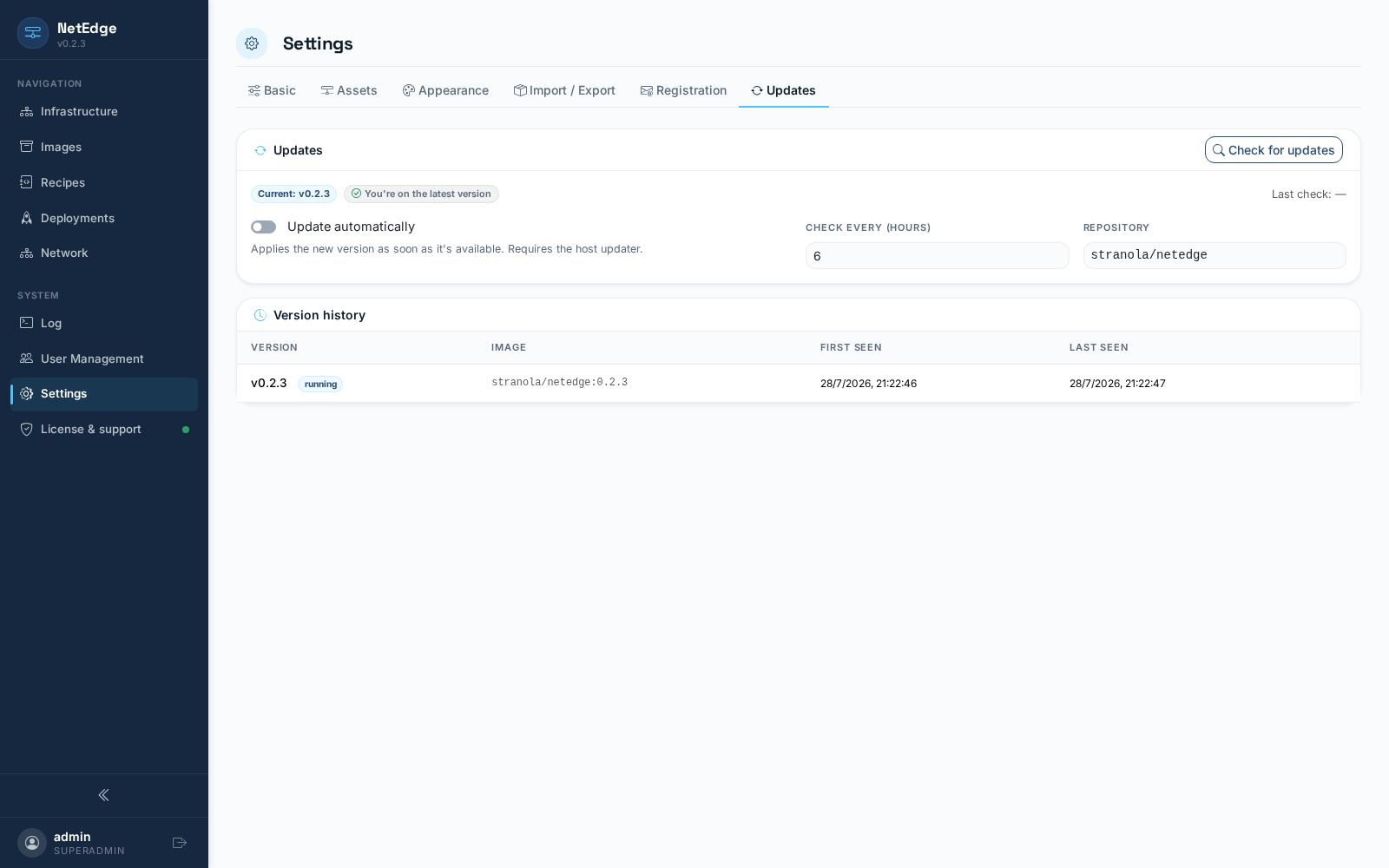 Settings — Updates tab